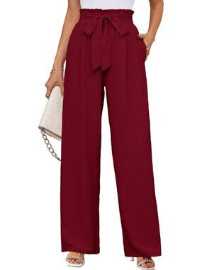 Women's Burgundy Wide Leg Pant High Waisted Tie Knot Loose Comfy Casual Trouser